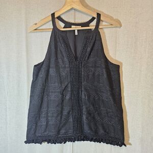 Joie Womens Black Lace Crochet Tank Lined Pom Pom Fringe Small